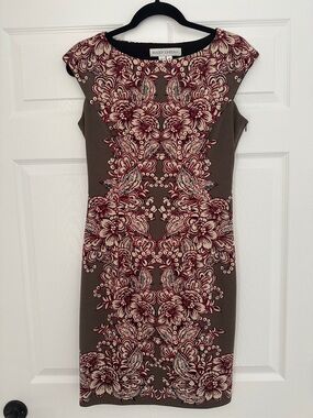Maggy London Olive and Burgundy Floral Sheath Midi Dress